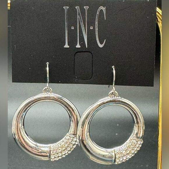 INC Silver Tone Fish Hook Dangle Ring embellished in Crystal Earrings 1.75 inch - Picture 2 of 5